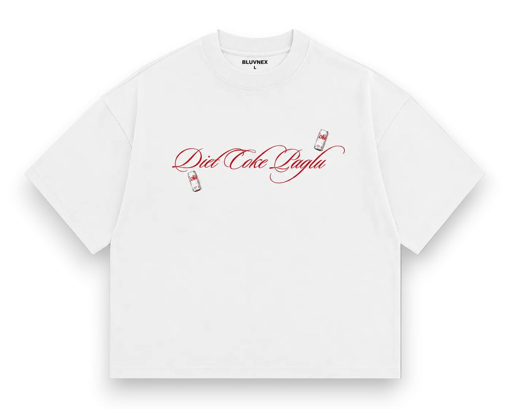 A white short-sleeve t-shirt with a red 'Diet Coke Song' graphic across the chest, featuring small red and white bottle illustrations. The inner neck label shows the brand 'BLUNNEX'.