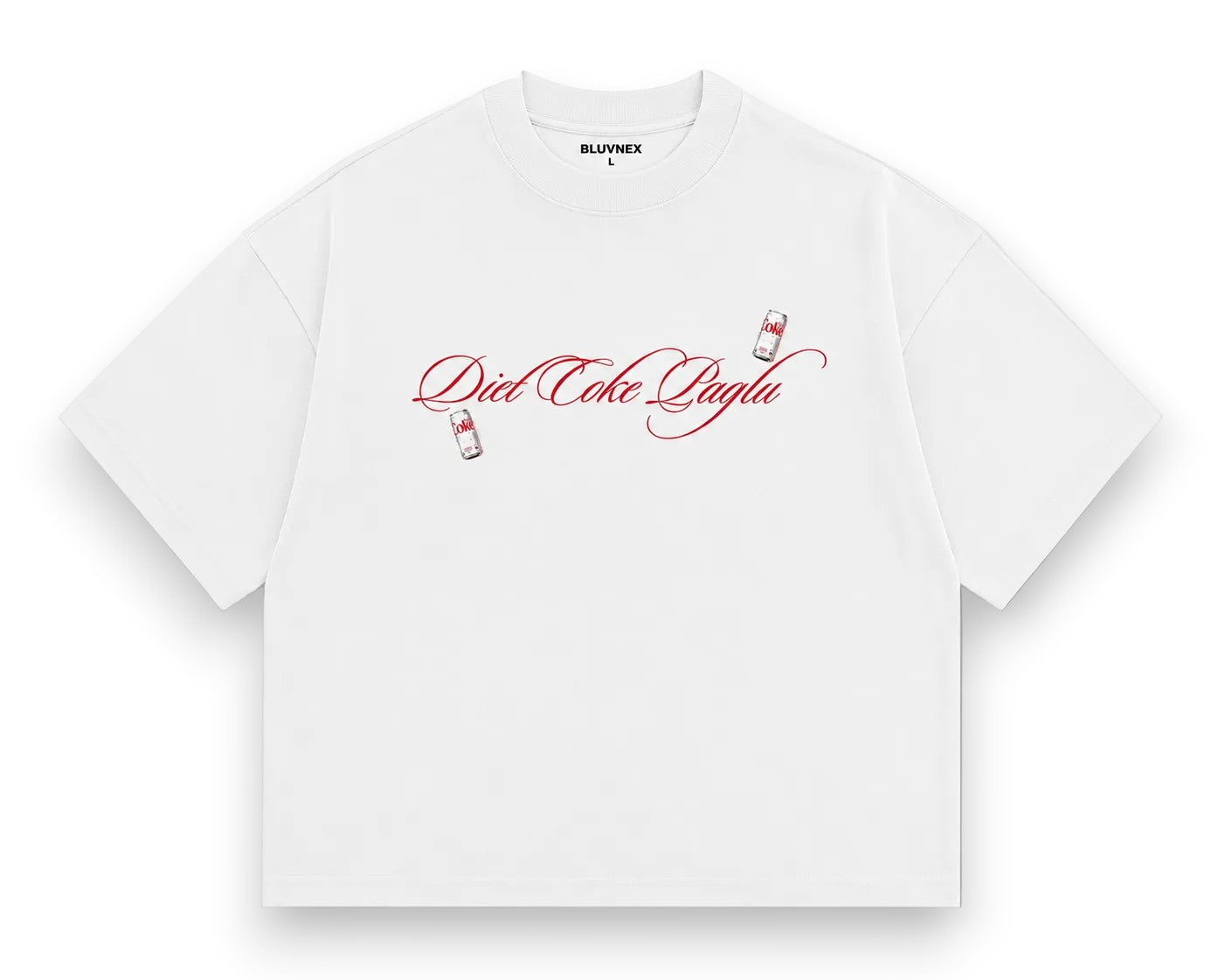 A white short-sleeve t-shirt with a red 'Diet Coke Song' graphic across the chest, featuring small red and white bottle illustrations. The inner neck label shows the brand 'BLUNNEX'.