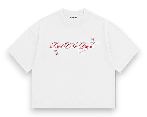 A white short-sleeve t-shirt with a red 'Diet Coke Song' graphic across the chest, featuring small red and white bottle illustrations. The inner neck label shows the brand 'BLUNNEX'.